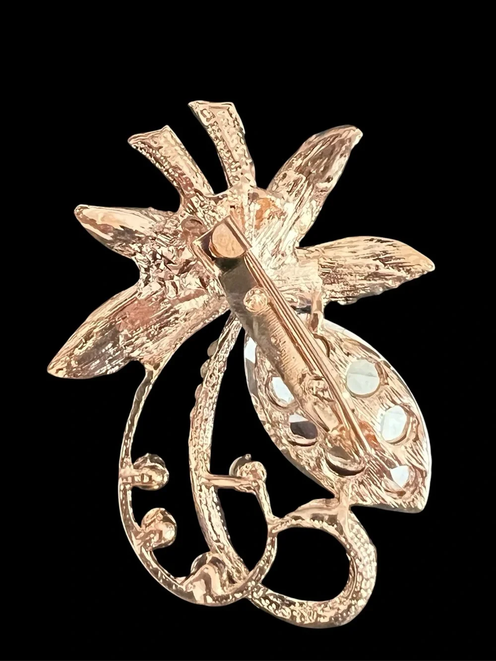 Teal Blue Crystal Floral Brooch with Ivory Enamel Petals